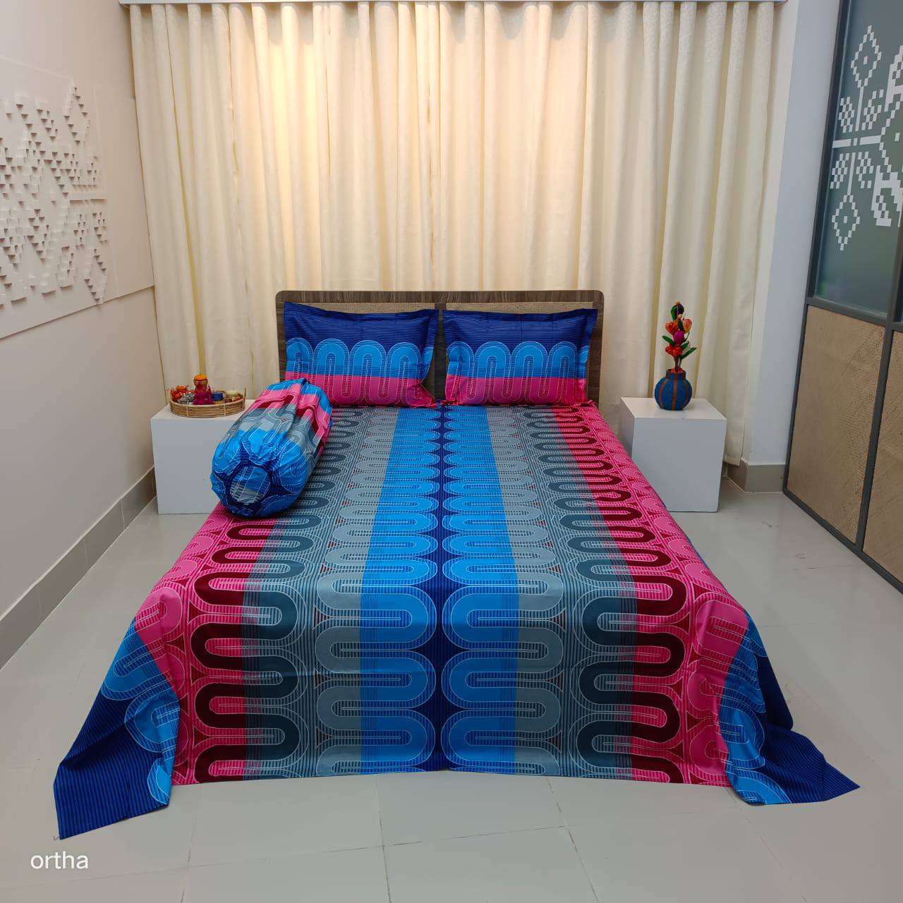 Luxury Twill Cotton Ortha Bedsheet – King Size – 3Pecs – U Loop Blue