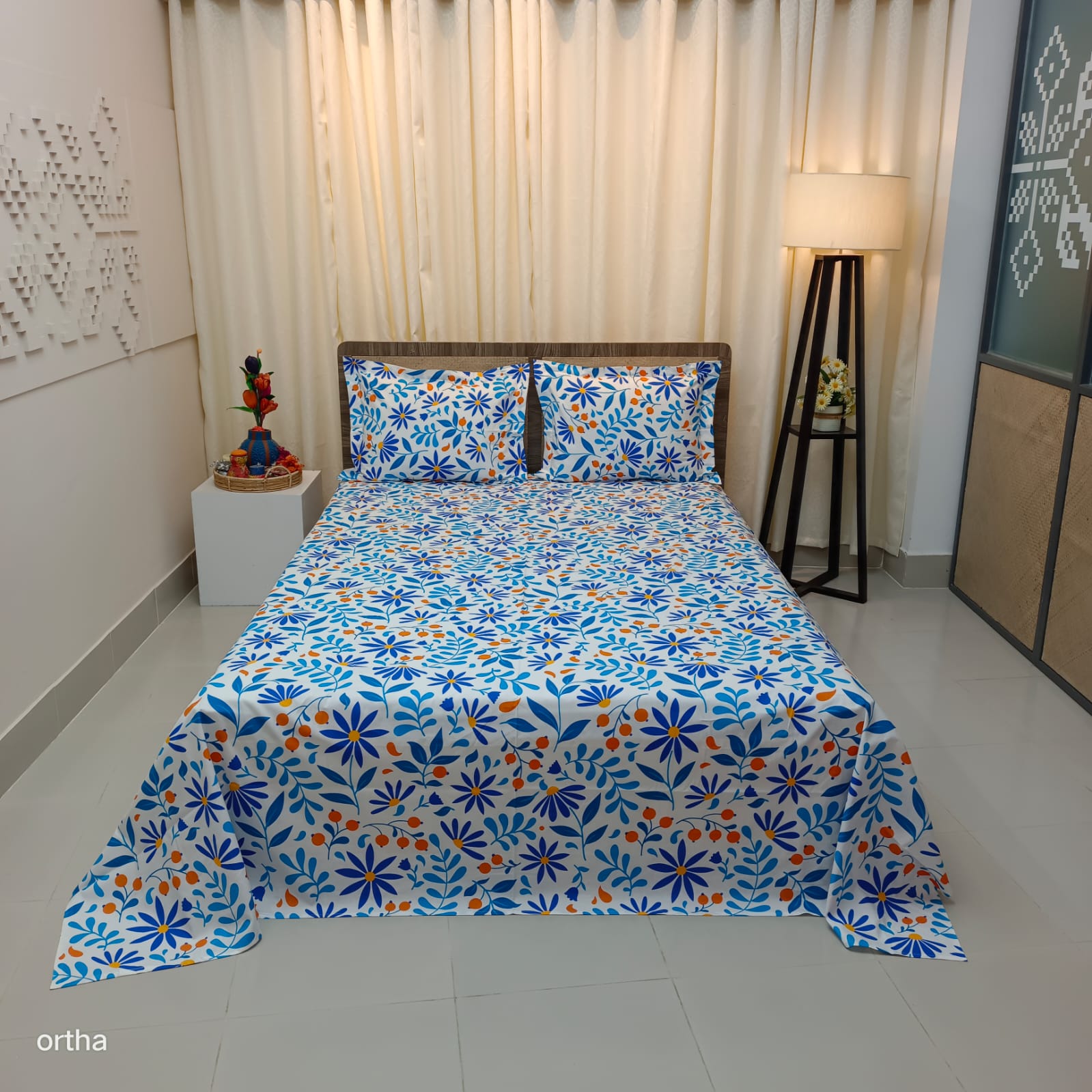 ORTHA EXCLUSIVE COTTON KING SIZE BEDSHEET – 3 PECS SET – WHITE FLORA