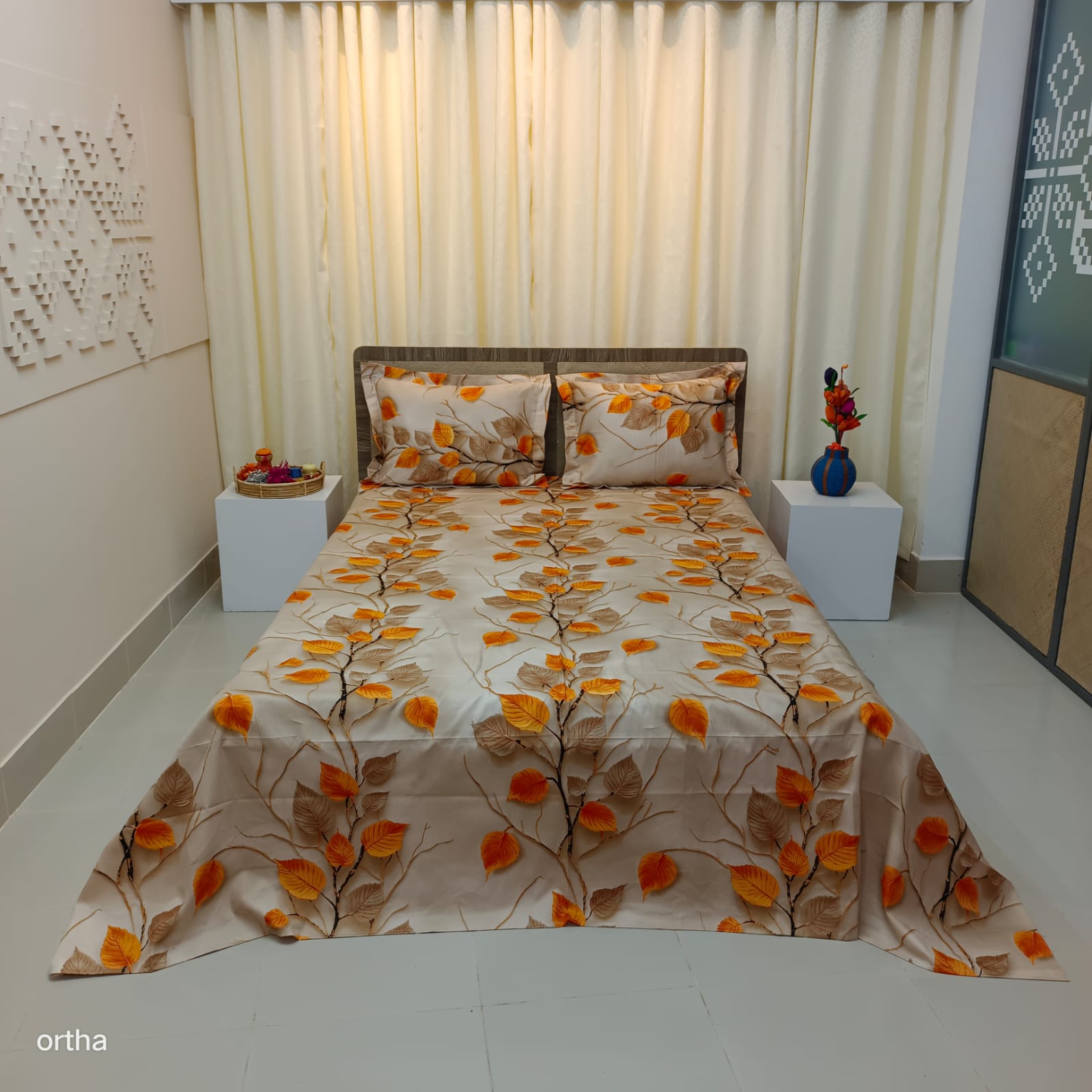 Luxury Twill Cotton Ortha Bedsheet – King Size – 3Pecs – Hazel Leaf Cream