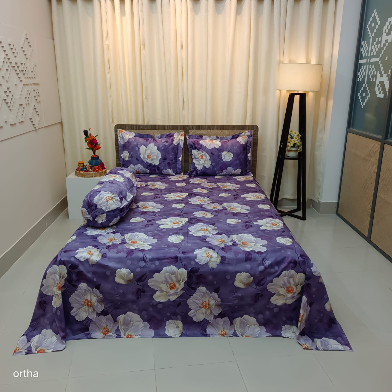 100% Cotton 4Pecs Luxury Twill Ortha Bedsheet – King Size – Purple Flower