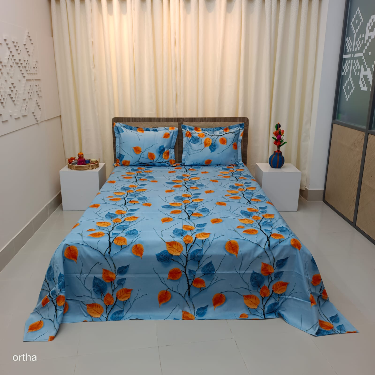 100% Cotton Luxury Twill Ortha Bedsheet – King Size – 3Pecs – Pastel Hazel Leaf