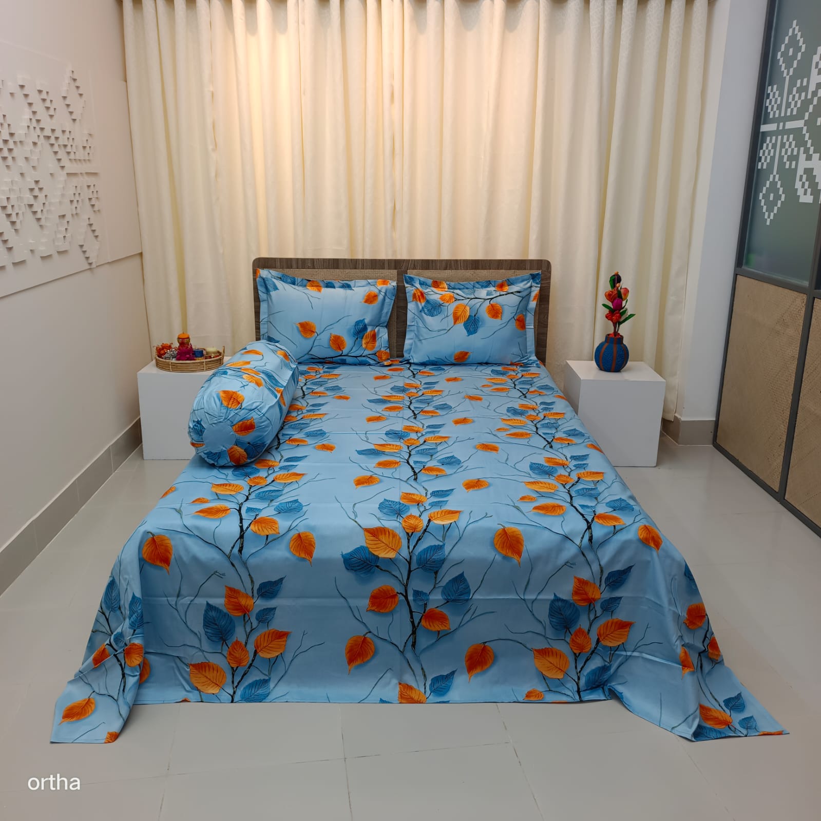 100% Cotton 4Pecs Luxury Twill Ortha Bedsheet – King Size – Pastel Hazel Leaf