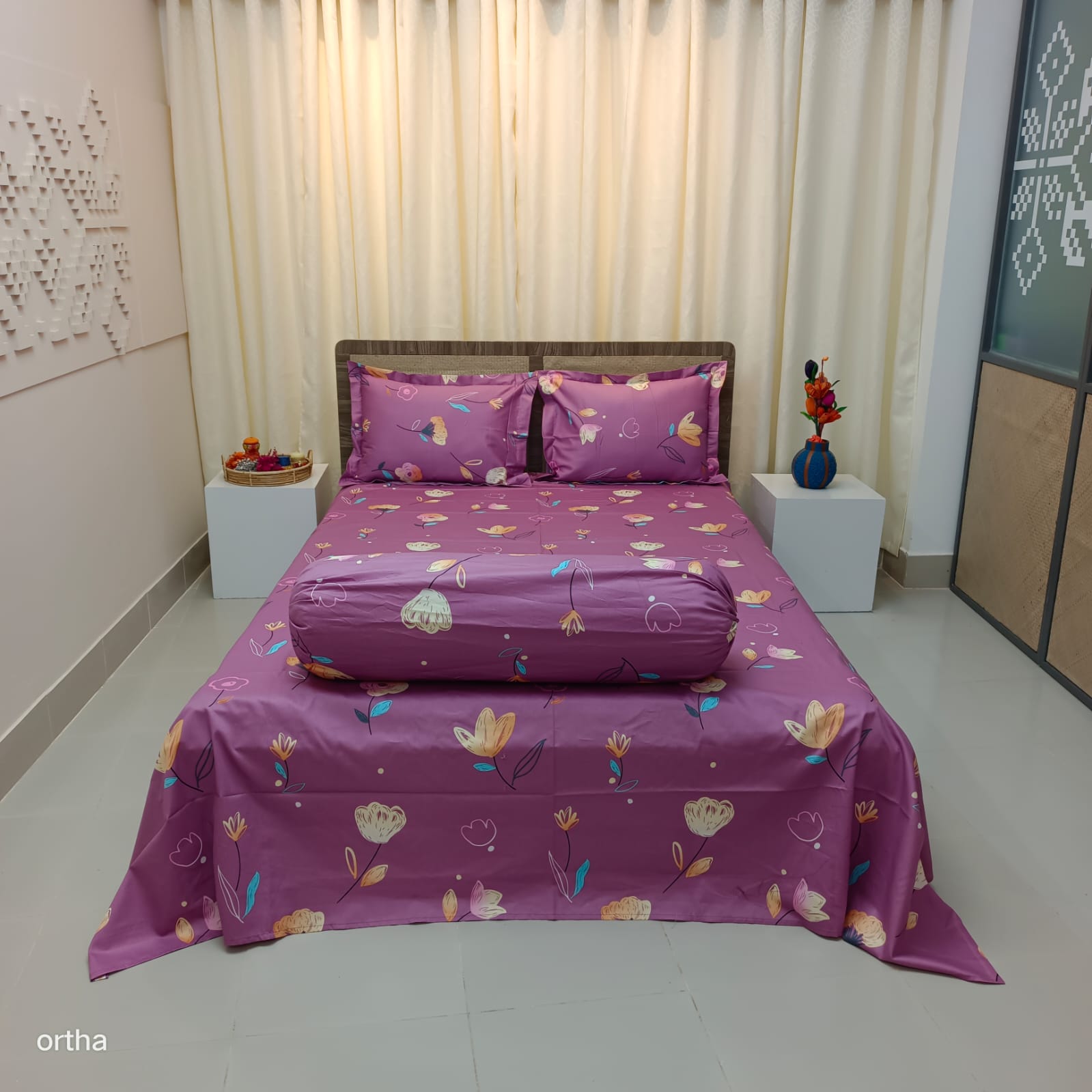 100% Cotton 4Pecs Luxury Twill Ortha Bedsheet – King Size – Hit Purple