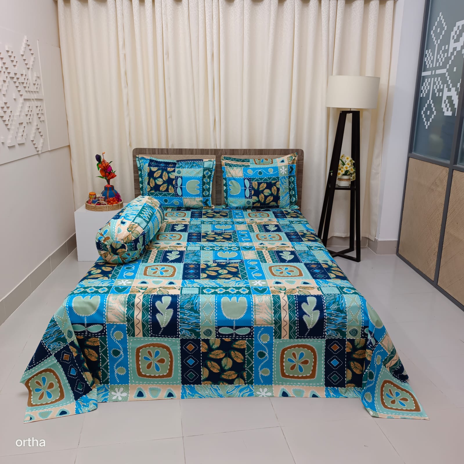 100% Cotton 4Pecs Luxury Twill Ortha Bedsheet – King Size – Aqua