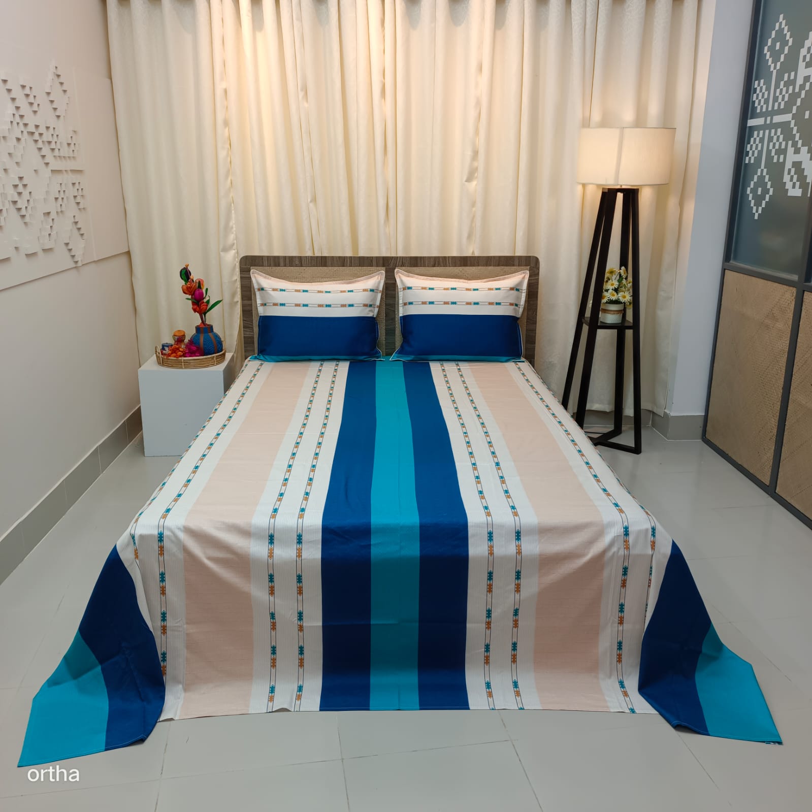 OLS Premium Satin Twill Cotton Bedsheet - Blue Stripe