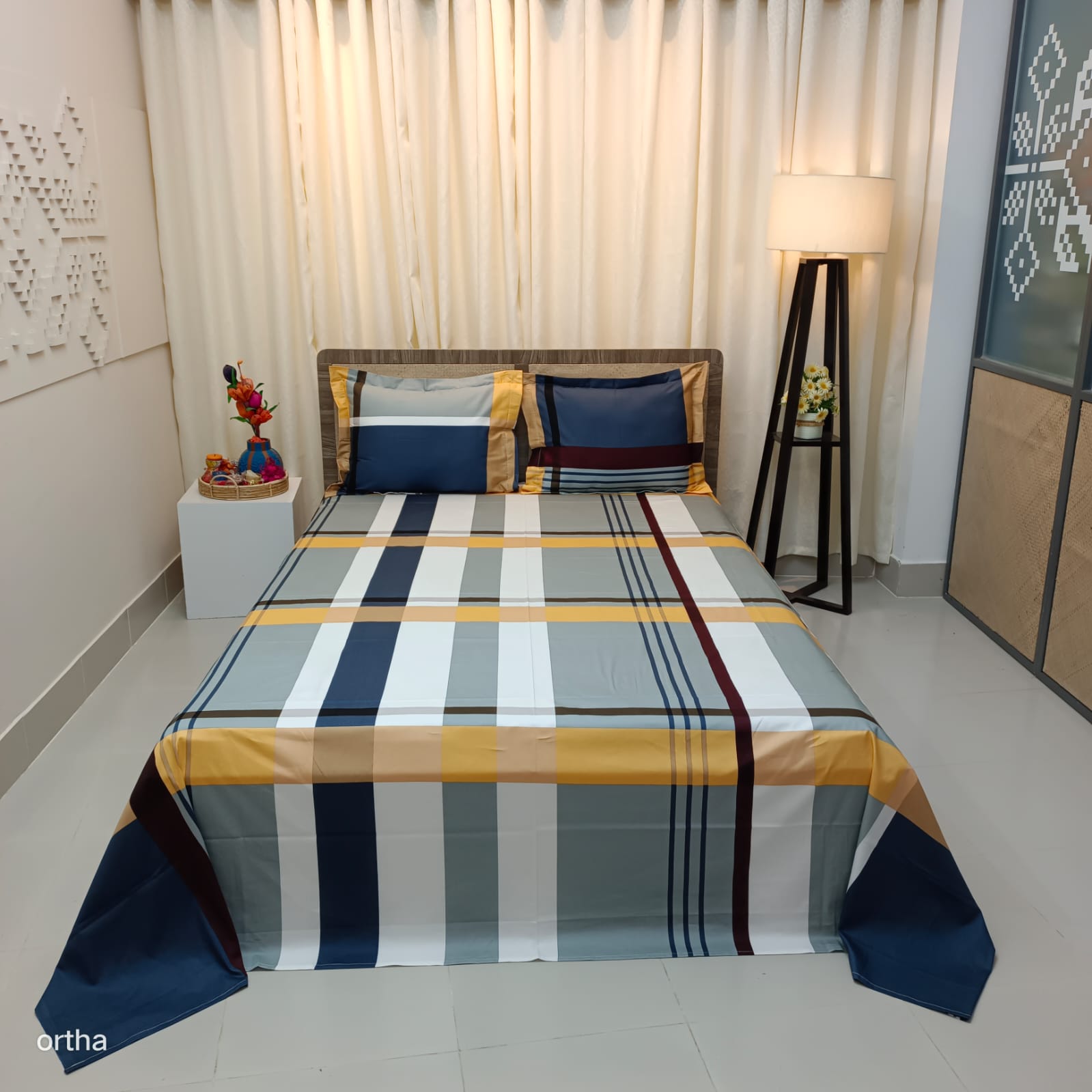 30/30 Count Premium Ortha Luxury Exclusive Bedsheet – King Size – 3 Pecs Set - Yellow Check
