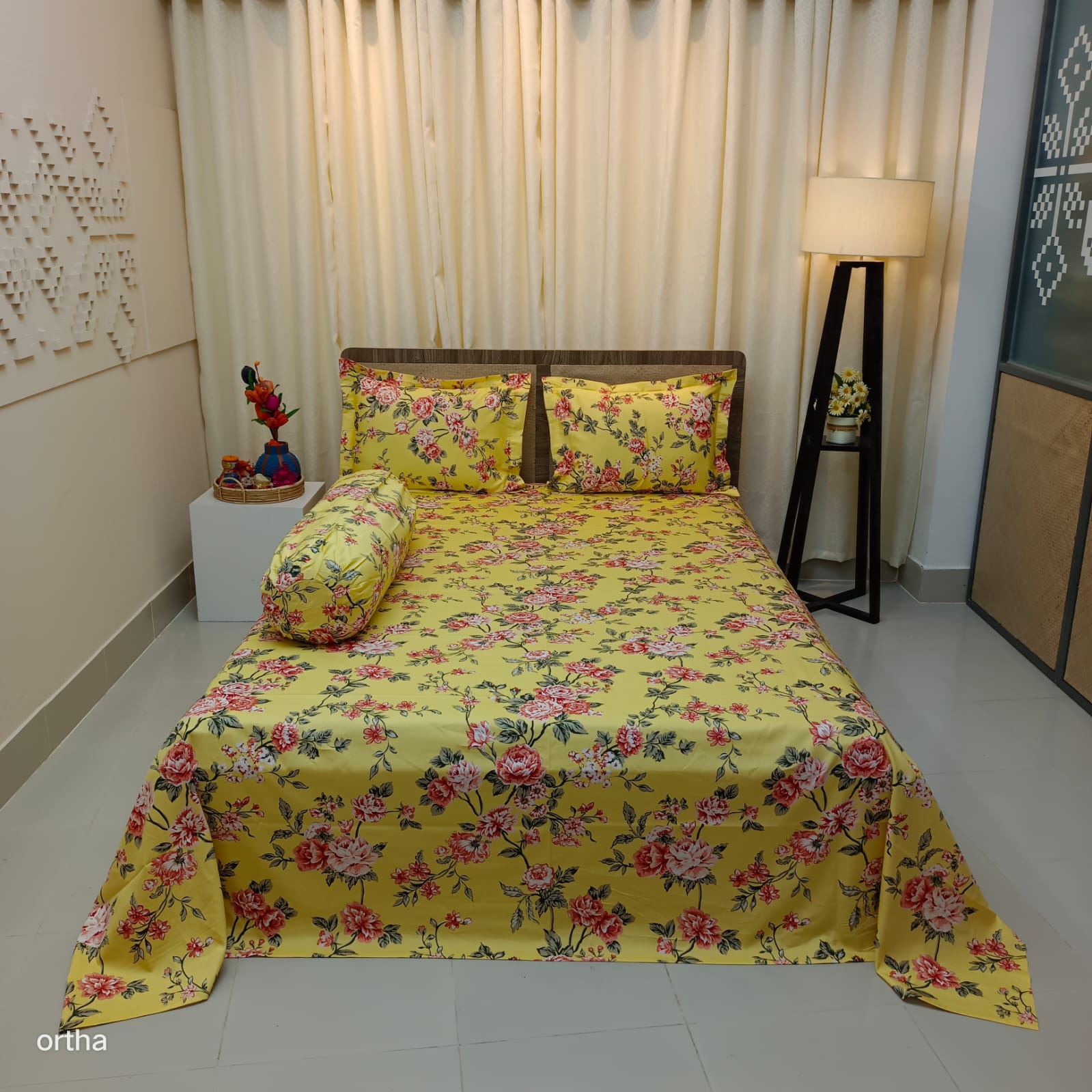 30/30 Count Premium Ortha Luxury Exclusive Bedsheet – King Size – 4 Pecs Set - Floral Yellow