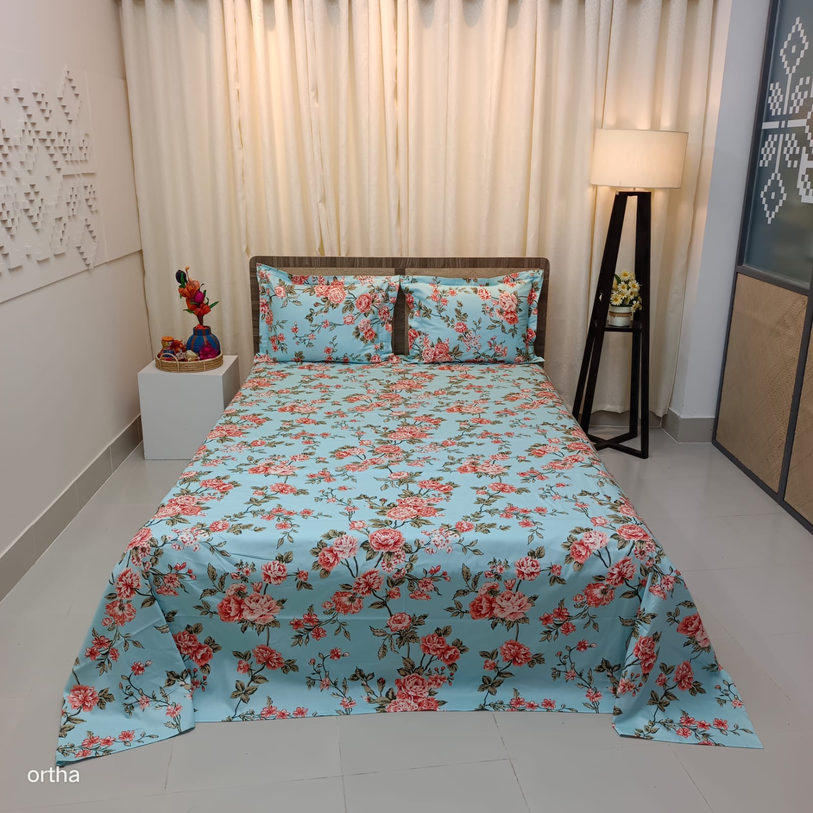 30/30 Count Premium Ortha Luxury Exclusive Bedsheet – King Size – 3 Pecs Set - Floral Sky