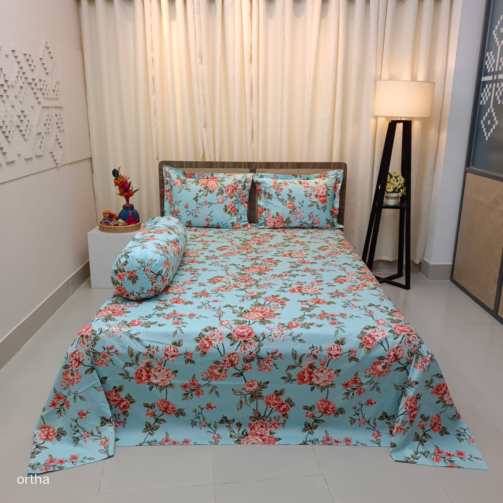 30/30 Count Premium Ortha Luxury Exclusive Bedsheet – King Size – 4 Pecs Set - Floral Sky