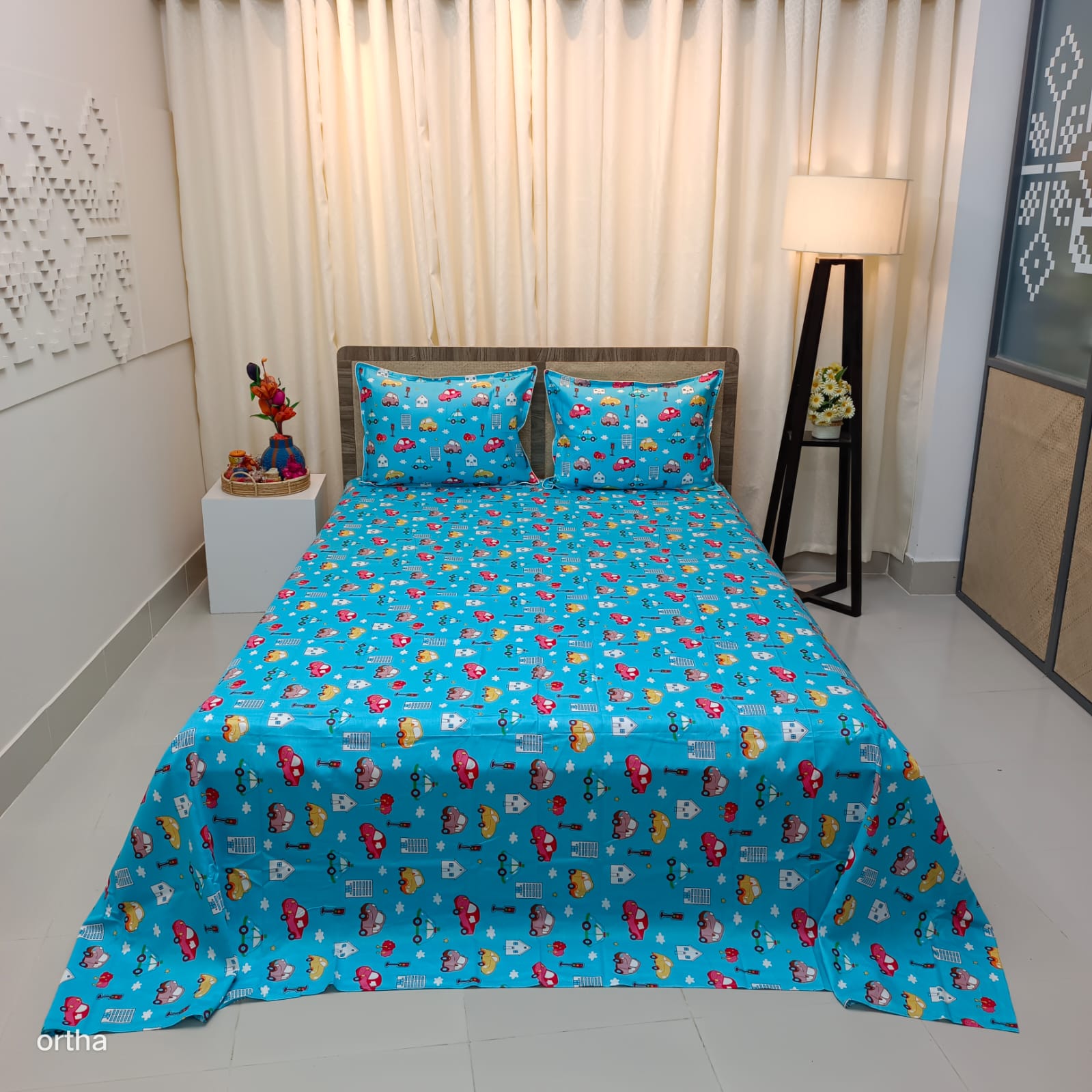 OLS Super King Size Luxury Twill Cotton Bedsheet - Car Print