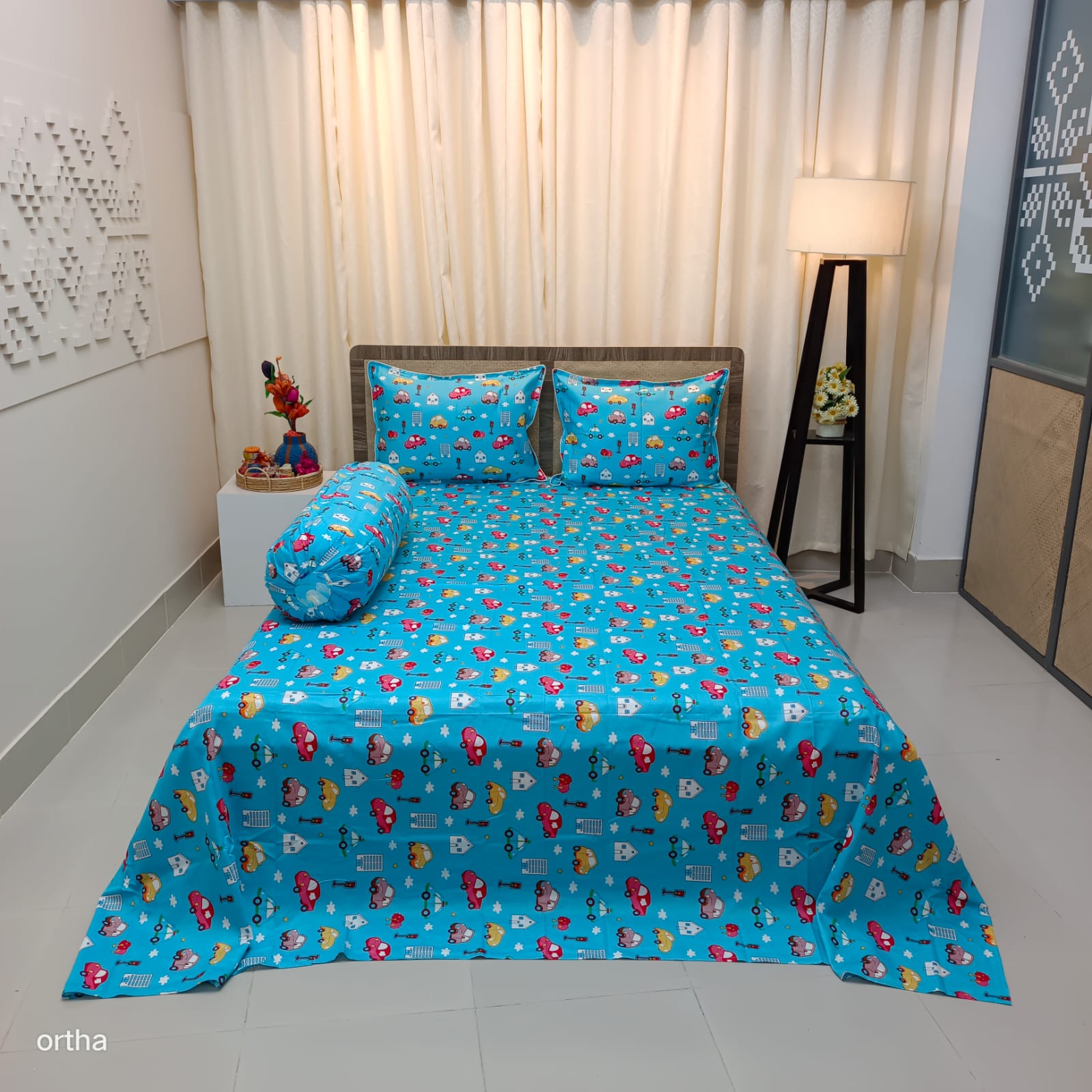 OLS Super King Size Luxury Twill Cotton Bedsheet - 4Pecs Set - Car Print