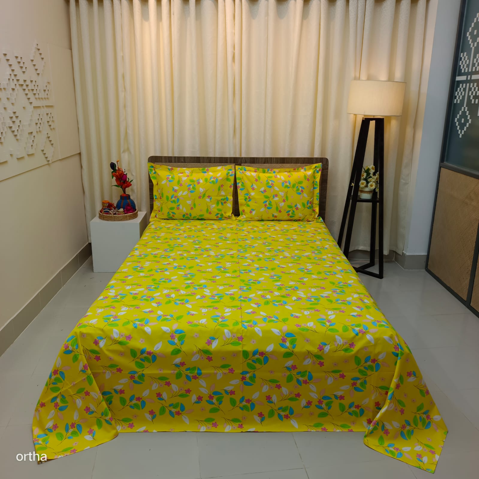 ORTHA EXCLUSIVE COTTON KING SIZE BEDSHEET – 3 PECS SET - YELLOW