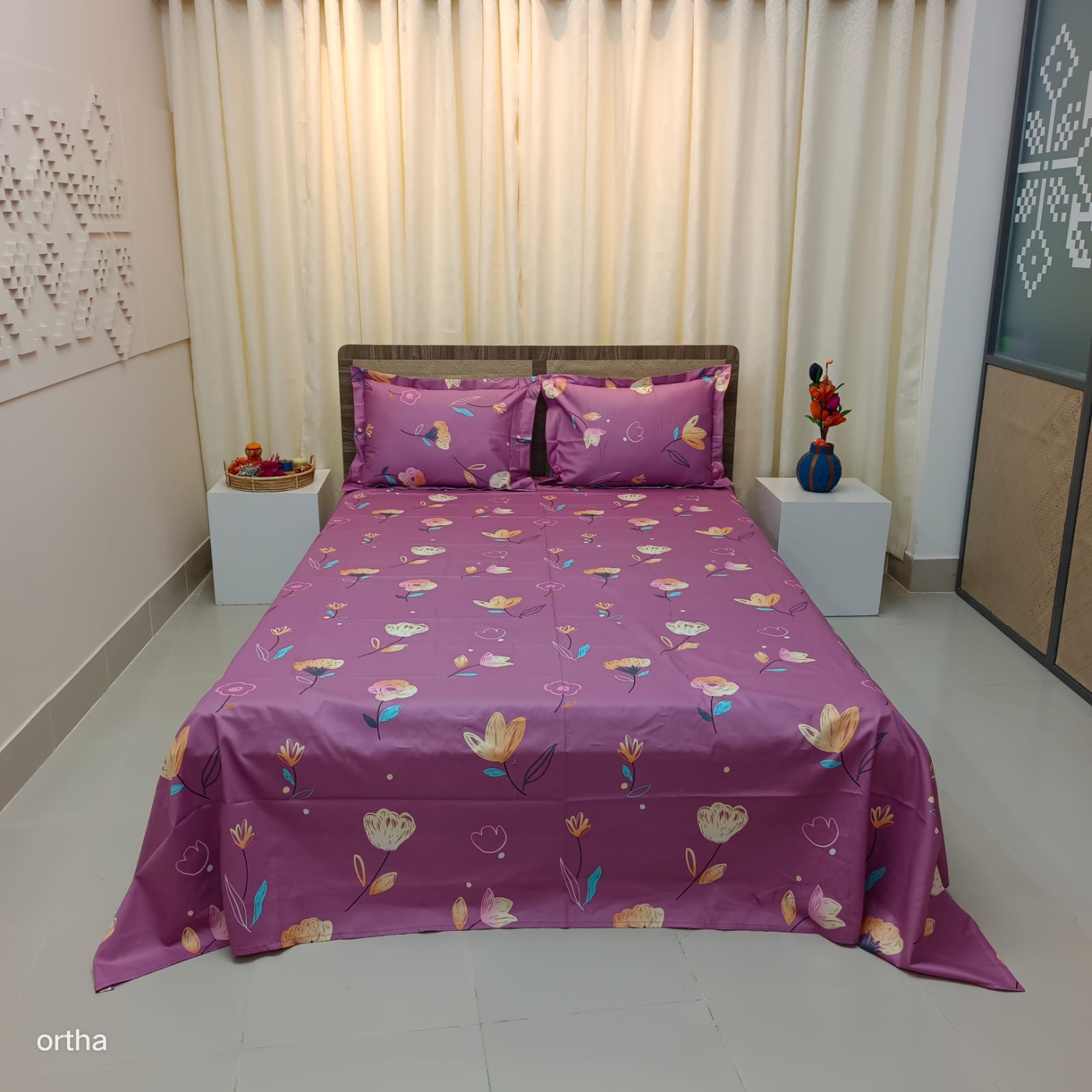Luxury Twill Cotton Ortha Bedsheet – King Size – 3Pecs - Hit Purple - Free Side Pillow Cover