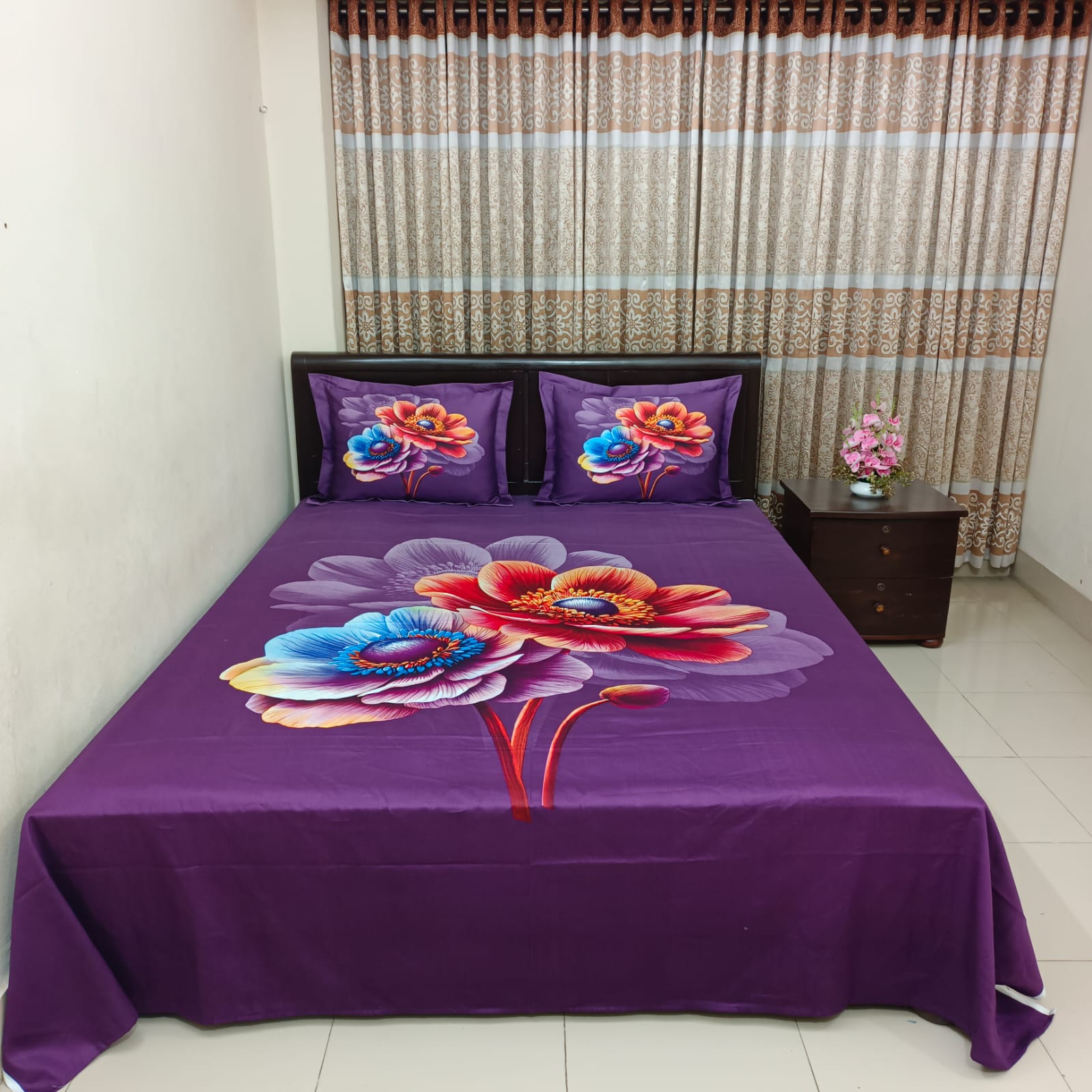 HD Printed Premium Panel Ortha Luxury Bedsheet – 3 Pecs Set - Deep Purple (Quality Improved)