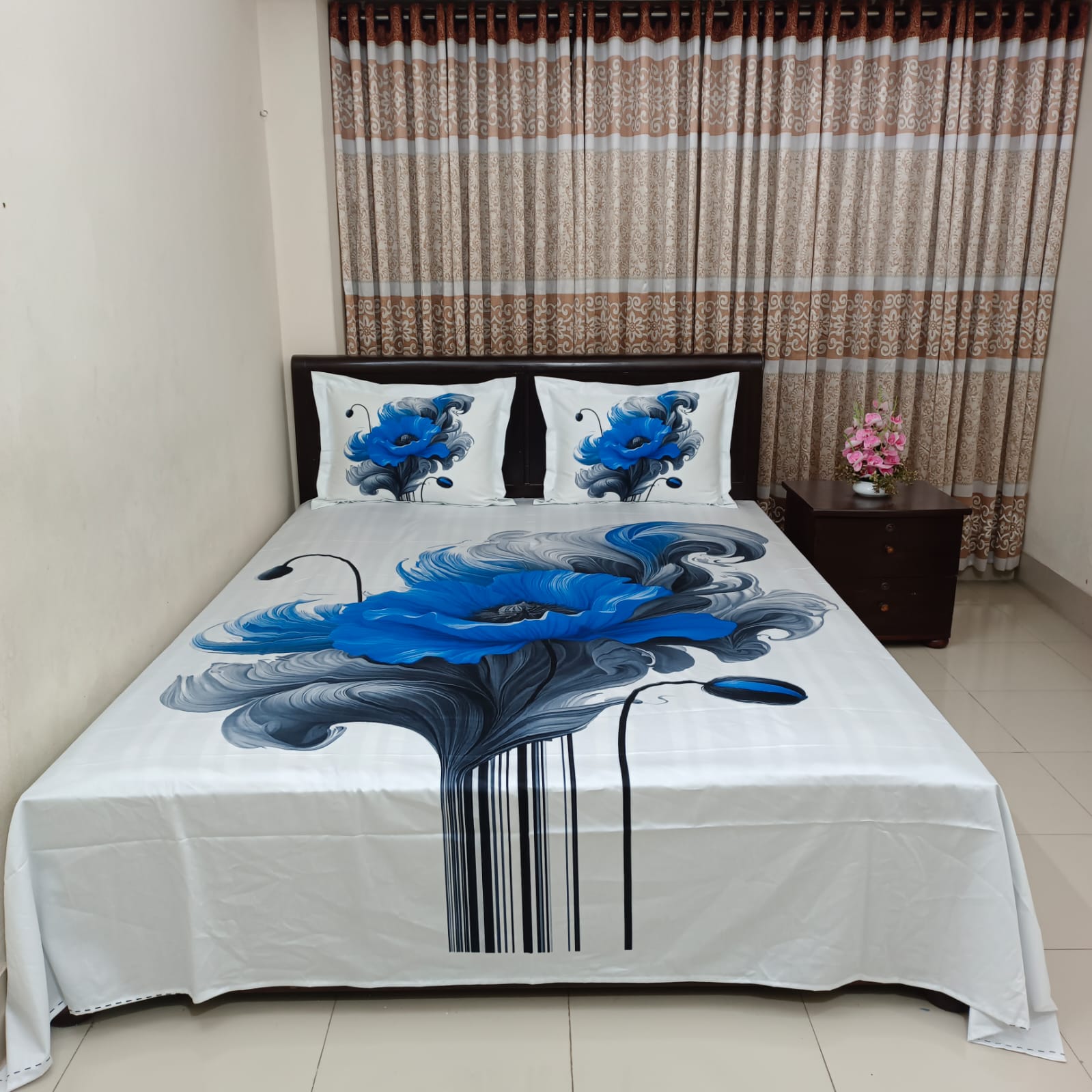 HD Printed Premium Panel Ortha Luxury Bedsheet – 3 Pecs Set - Blue White (Quality Improved)