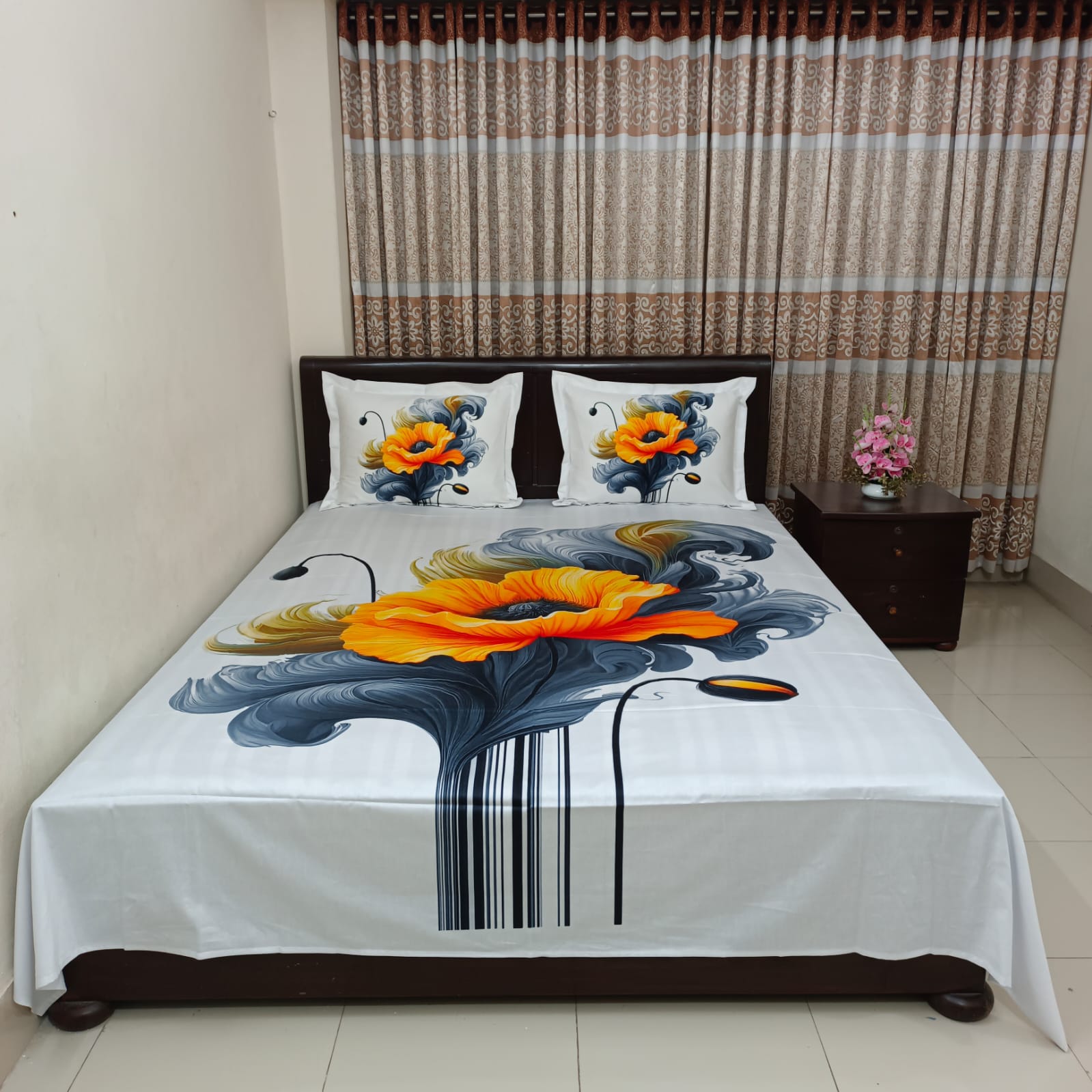 HD Printed Premium Panel Ortha Luxury Bedsheet – 3 Pecs Set - Yellow White (Quality Improved)