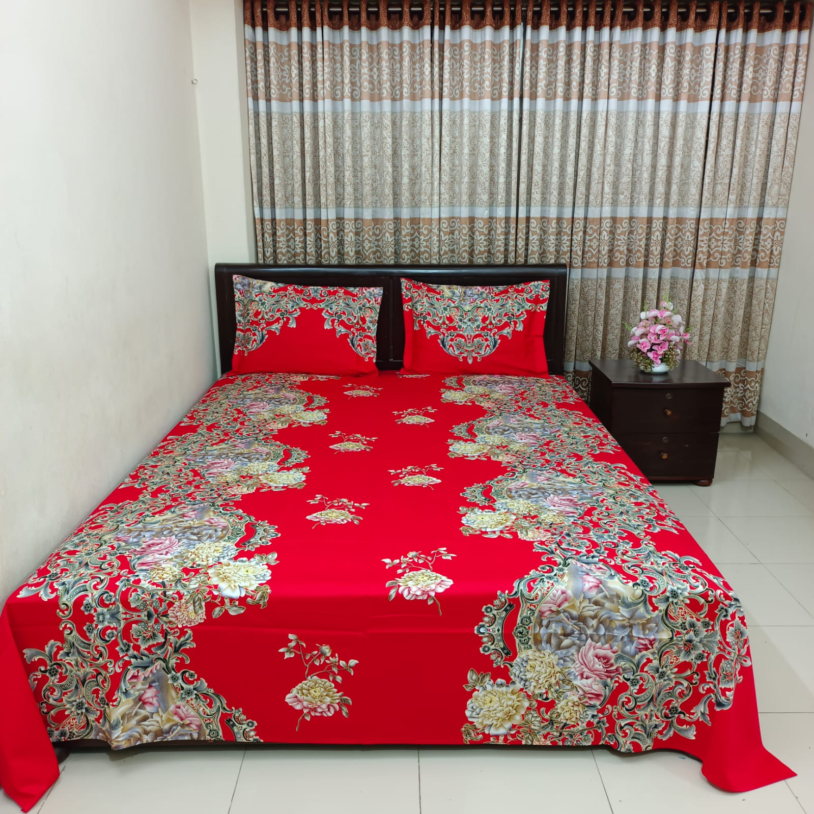 Luxury Twill Cotton Ortha Bedsheet – King Size – 3Pecs – Flora Red Candy