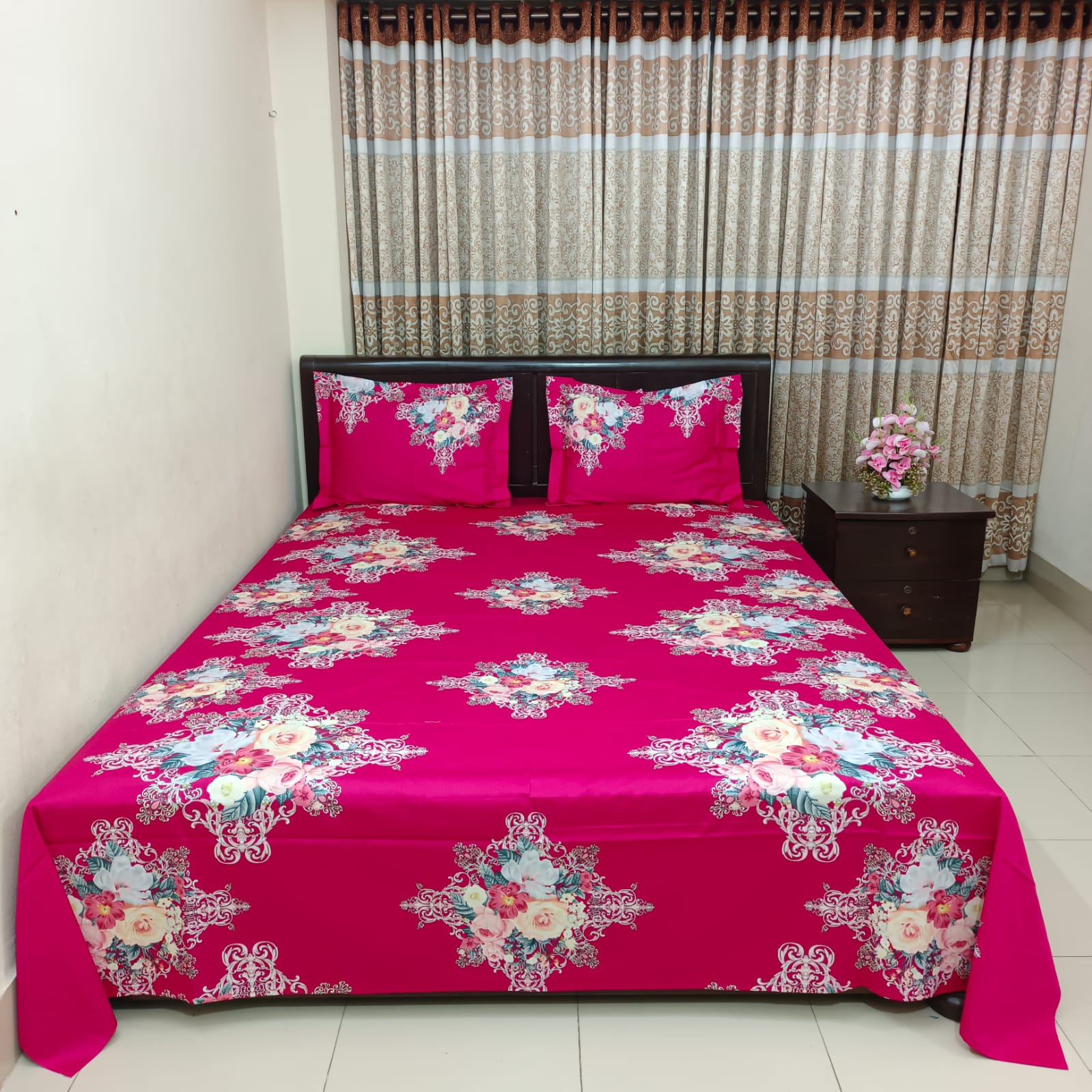 Luxury Twill Cotton Ortha Bedsheet – King Size – 3Pecs – Flora Magenta - Free Side Pillow Cover
