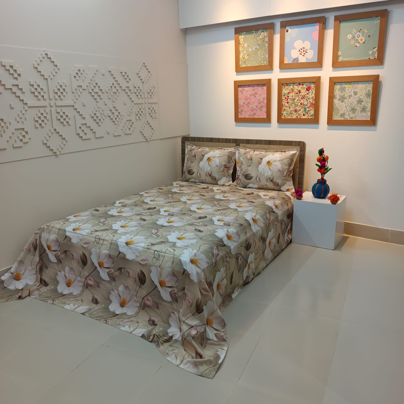 Super King Size High Quality 3D Design Satin Cotton Bed Sheet – 3 Pecs Set – Primrose