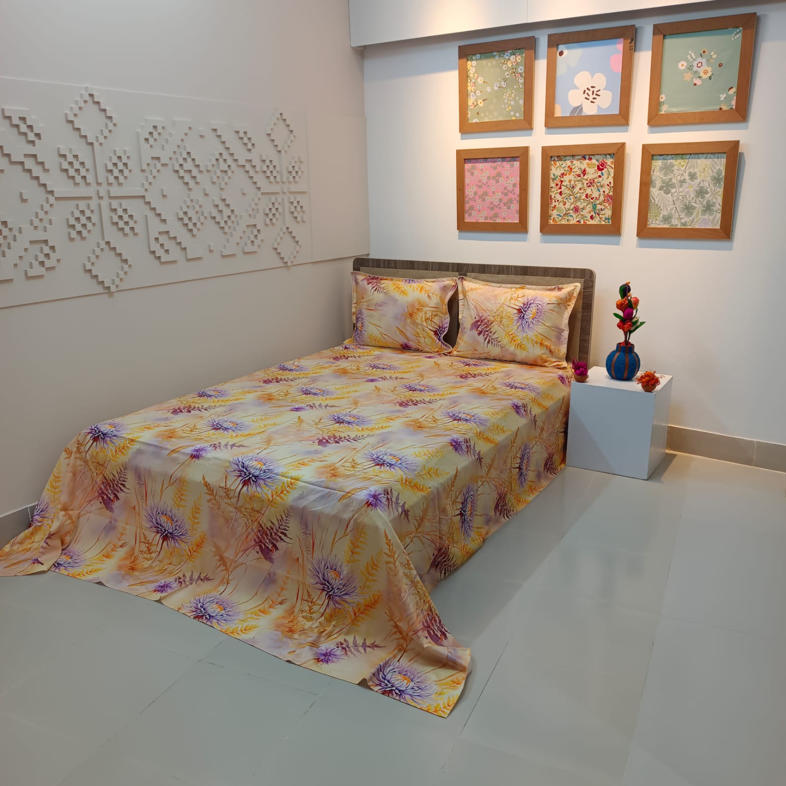 Super King Size High Quality 3D Design Satin Cotton Bed Sheet – 3 Pecs Set – Purple Aster