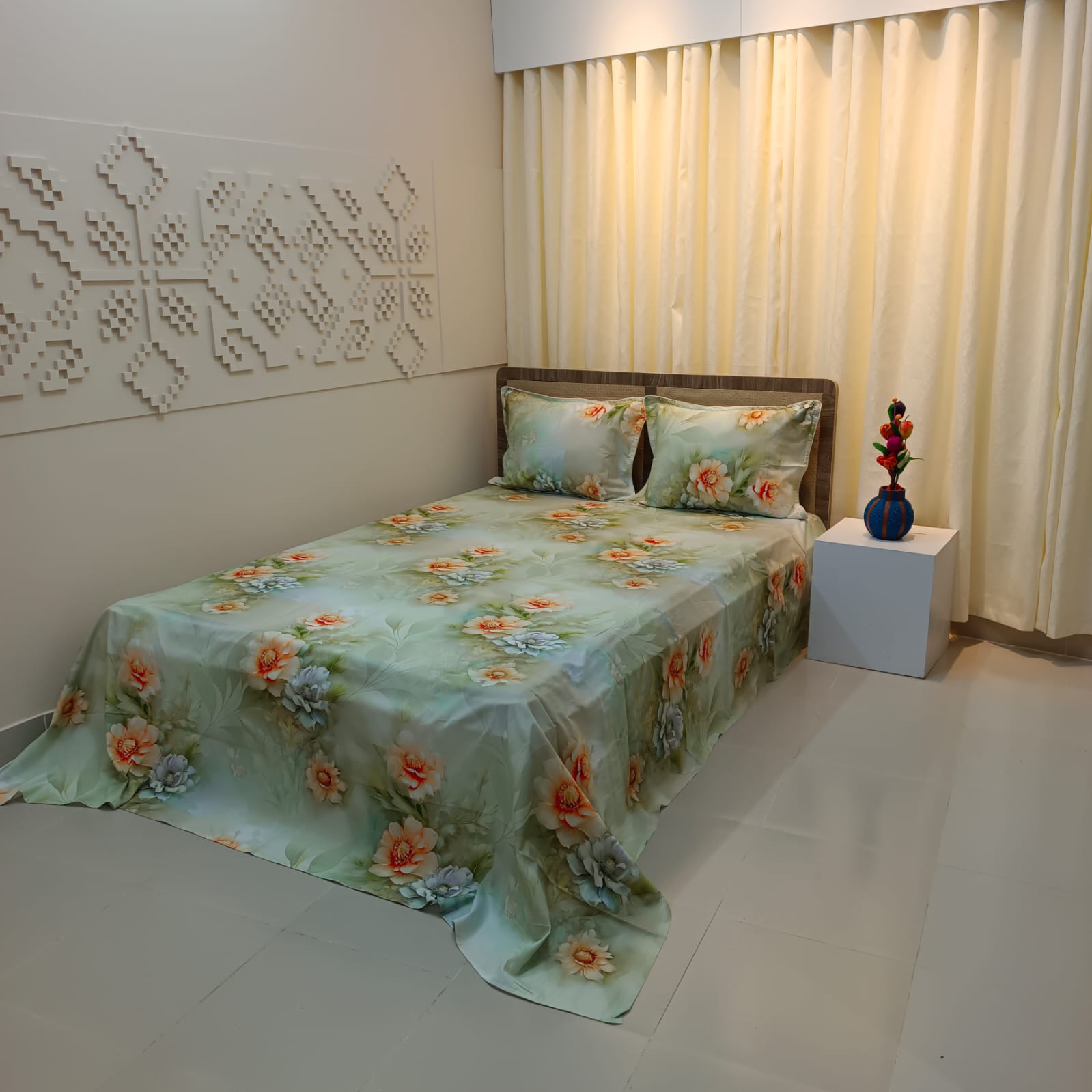 Super King Size High Quality 3D Design Satin Cotton Bed Sheet – 3 Pecs Set – Magnolia