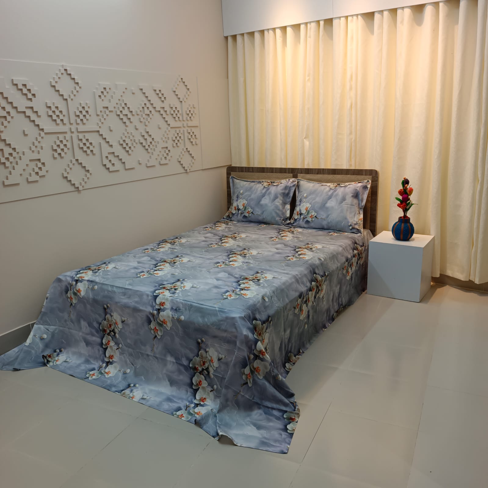 Super King Size High Quality 3D Design Satin Cotton Bed Sheet – 3 Pecs Set – G Bell