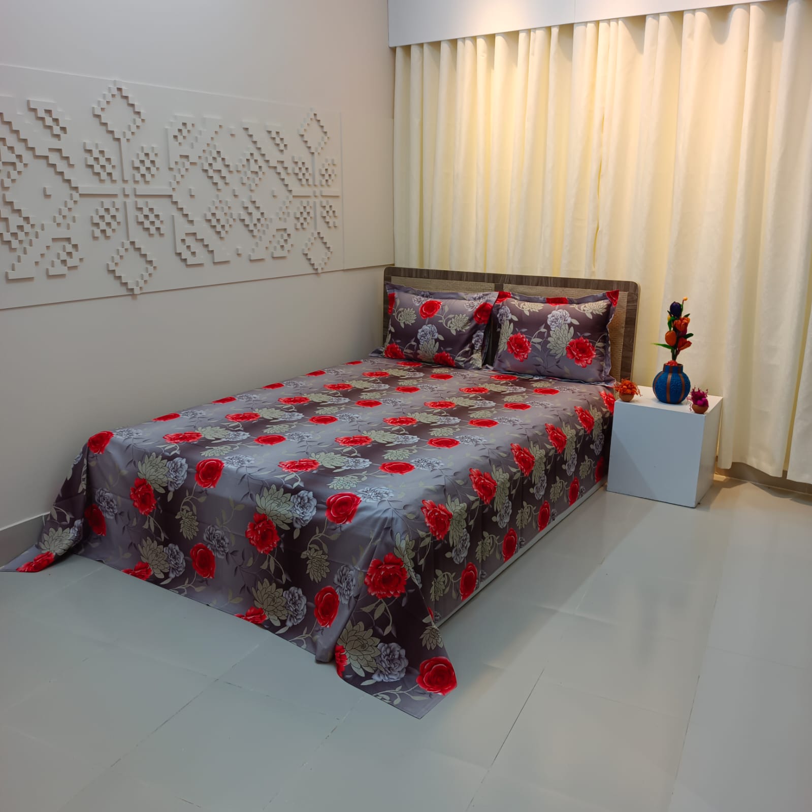 Luxury Twill Cotton Ortha Bedsheet – King Size – 3Pecs – Happy Ash Rose