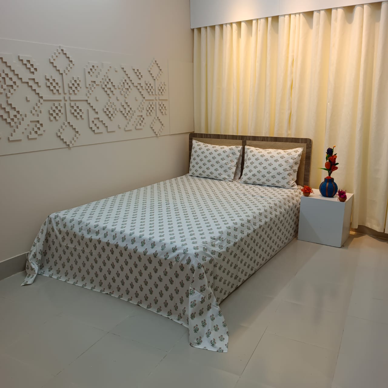 ORTHA EXPORT QUALITY PERCALE COTTON KING SIZE DOUBLE BEDSHEET – 3 PECS SET – BLOCK MOTIVE