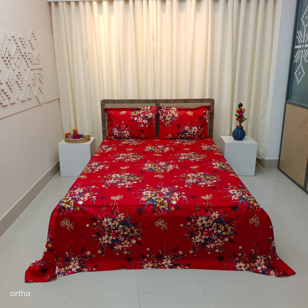 Luxury Twill Cotton Ortha Bedsheet – King Size – 3Pecs – Krishnochura Red