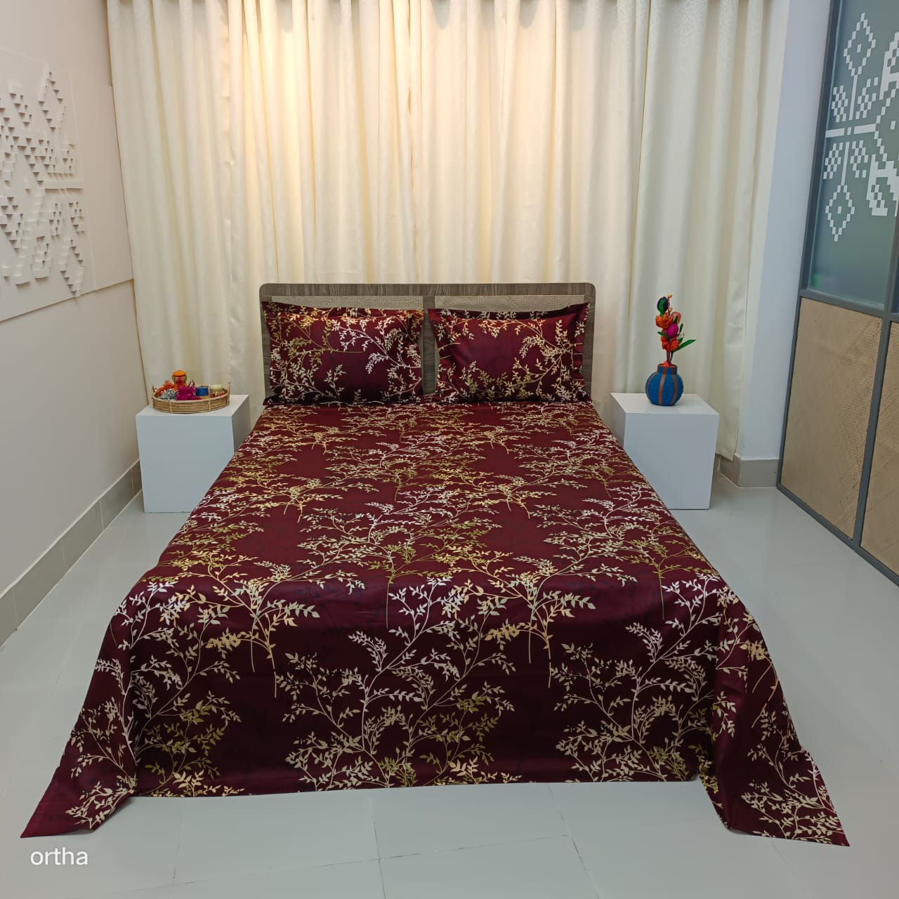 Luxury Twill Cotton Ortha Bedsheet – King Size – 3Pecs – Golden Maroon