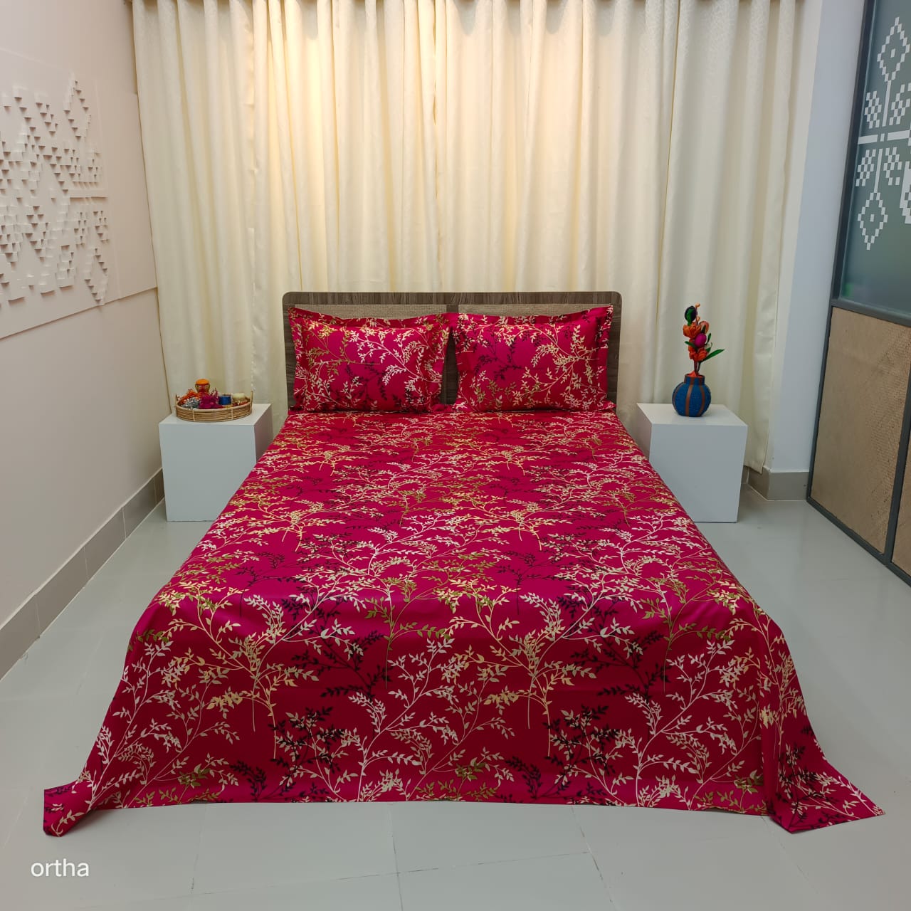 Luxury Twill Cotton Ortha Bedsheet – King Size – 3Pecs – Golden Magenta - Free Side Pillow Cover