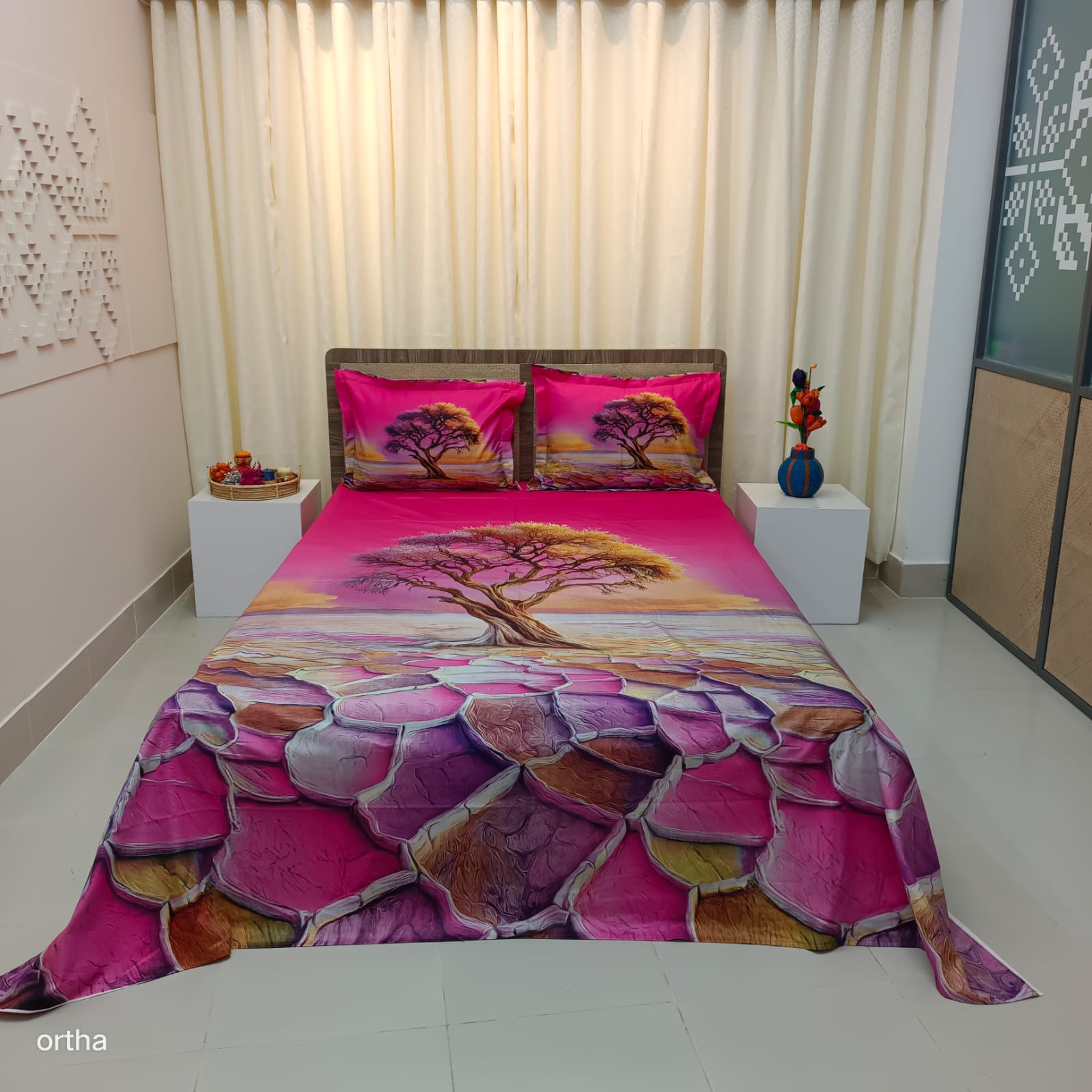 HD Printed Premium Panel Ortha Luxury Bedsheet – 3 Pecs Set – Pink Desert (Quality Improved)