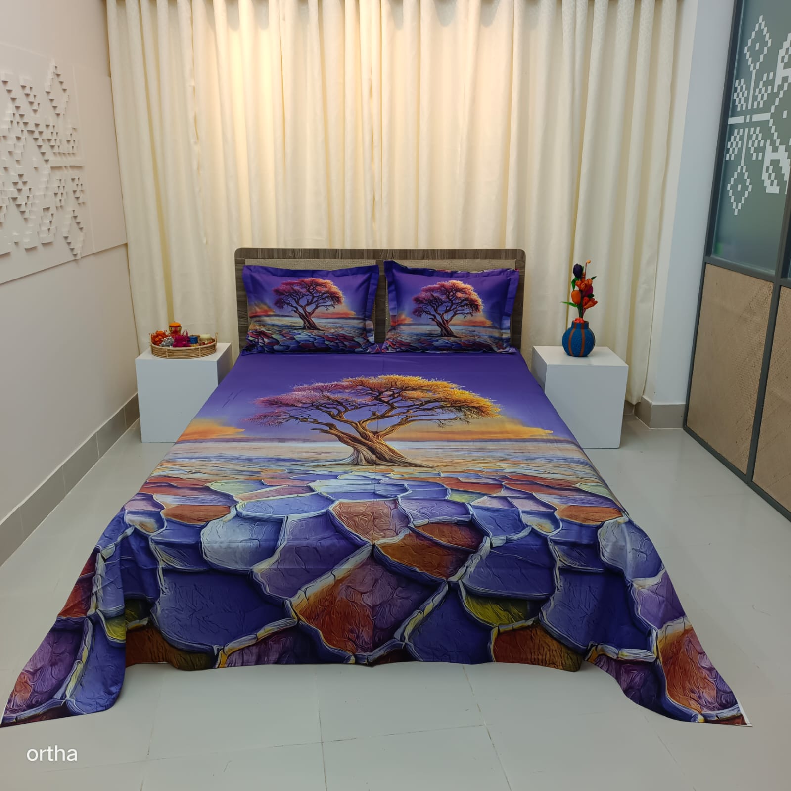 HD Printed Premium Panel Ortha Luxury Bedsheet – 3 Pecs Set – Purple Desert (Quality Improved)