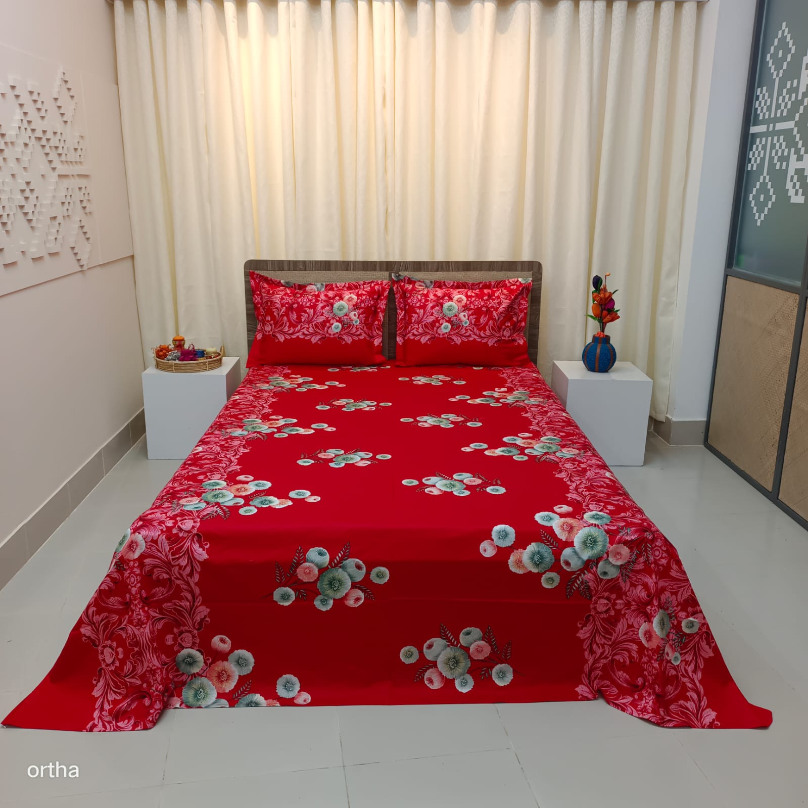 Luxury Twill Cotton Ortha Bedsheet – King Size – 3Pecs – Snow Red