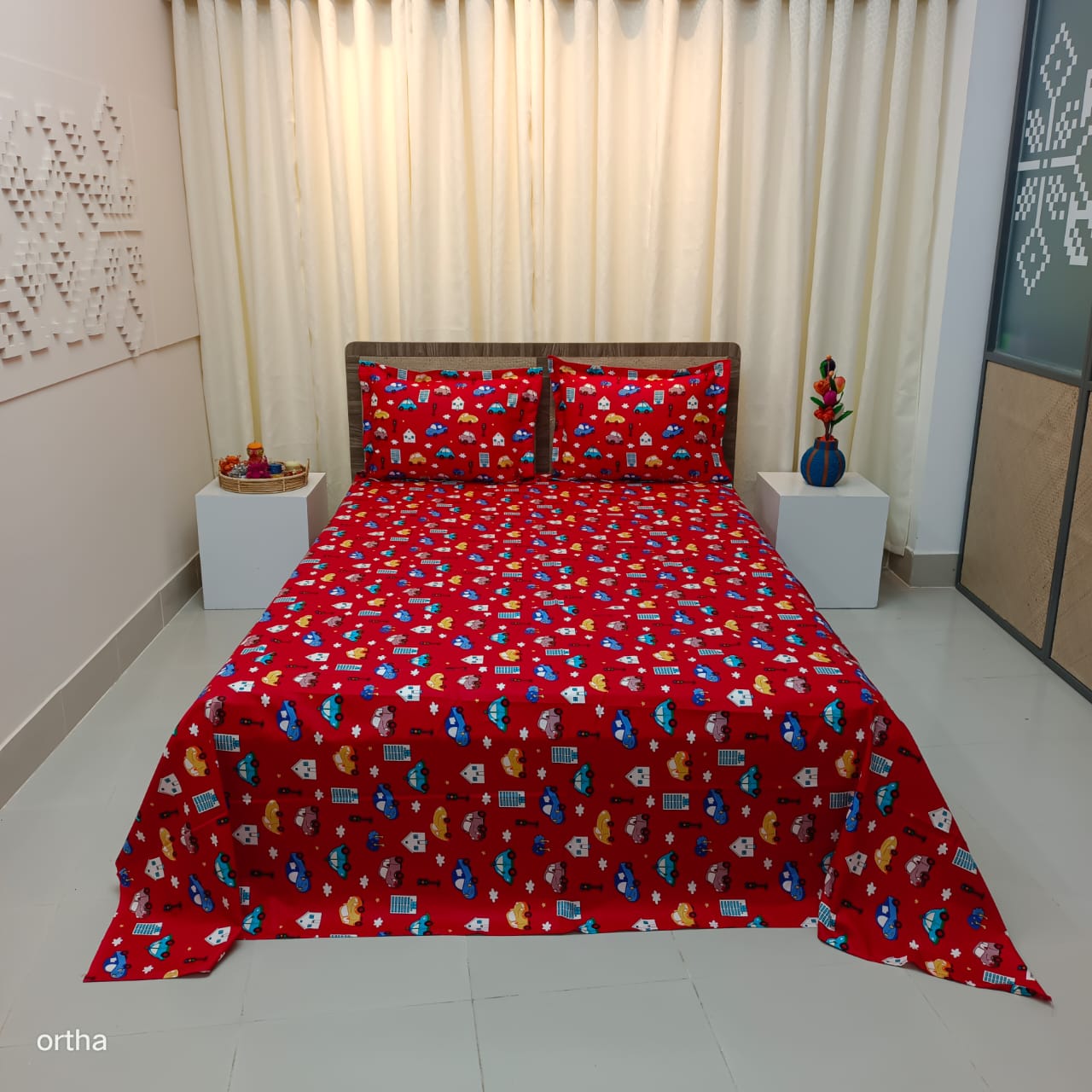 Luxury Twill Cotton Ortha Bedsheet – King Size – 3Pecs – Red Car